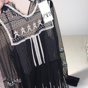 Black Zara dress with sheer sleeves and neck area